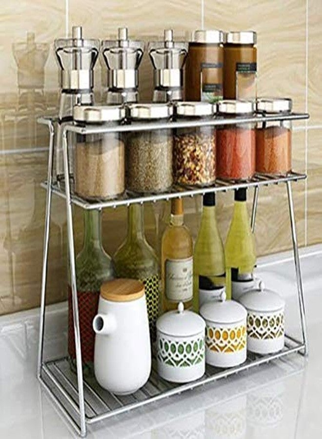 12FOR COLLECTION Stainless Steel Spice Rack/Storage Rack/Stainless Steel Spice 2-Tier Trolley Container Organizer Basket for Boxes Utensils Dishes Plates for Home - Image 1